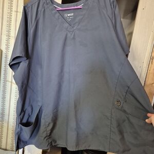 WonderWink Women's V-Neck Medical Scrub Top in Slate Blue with Pink Trim